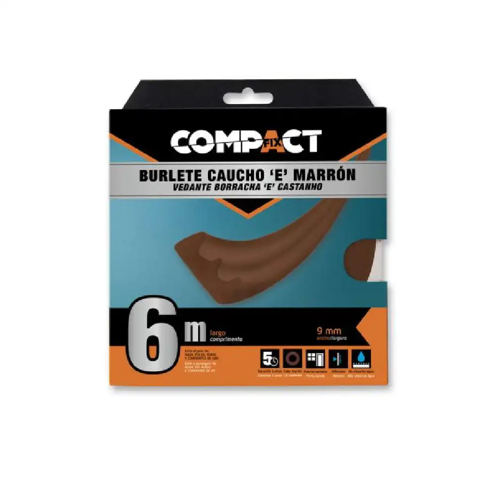 BURLETE CAUCHO COMPACT TIPO E MARRÓN 9MM x 6M · Alfa Dyser